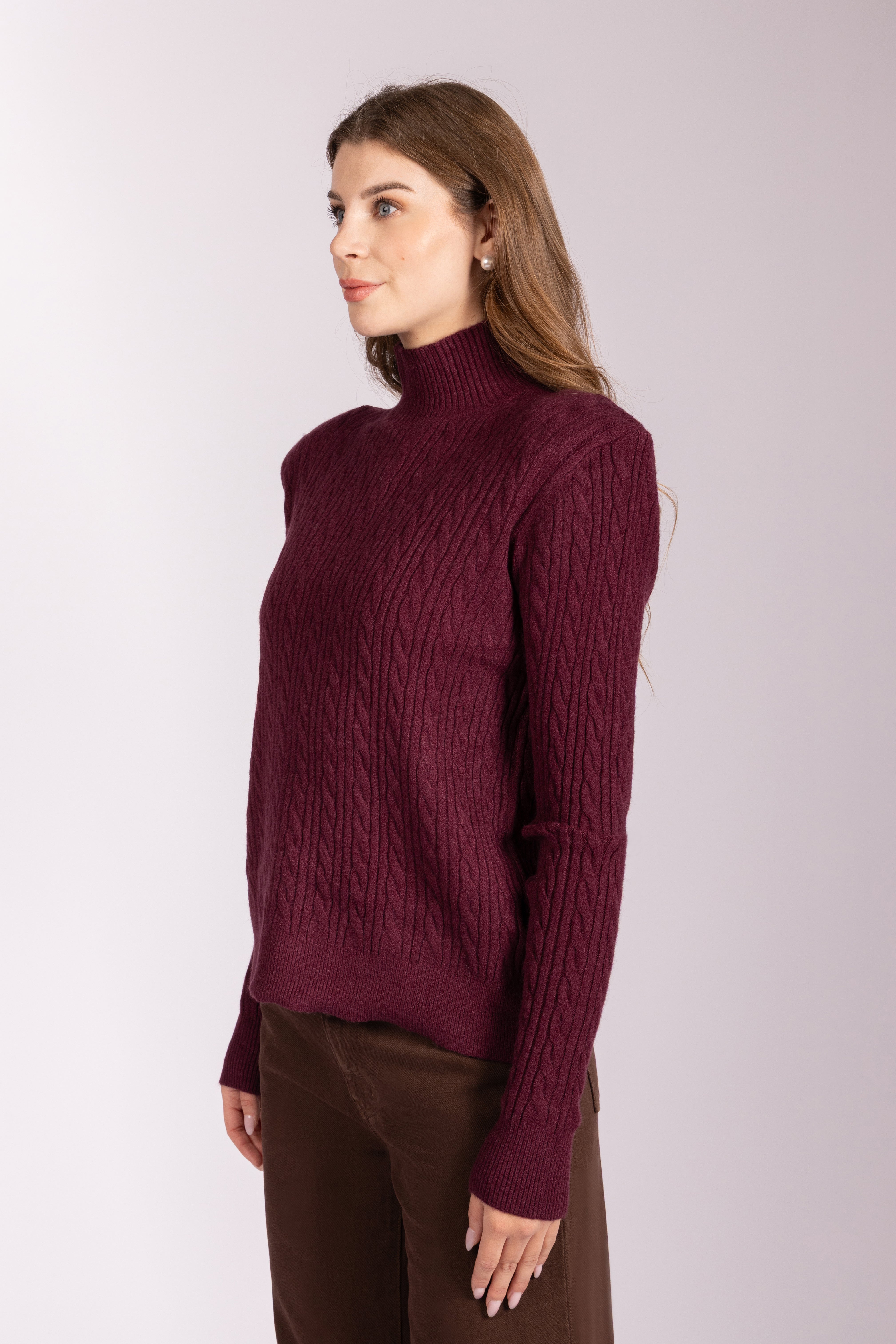 Cable-Knit Mock-Neck Sweater - Bordeaux