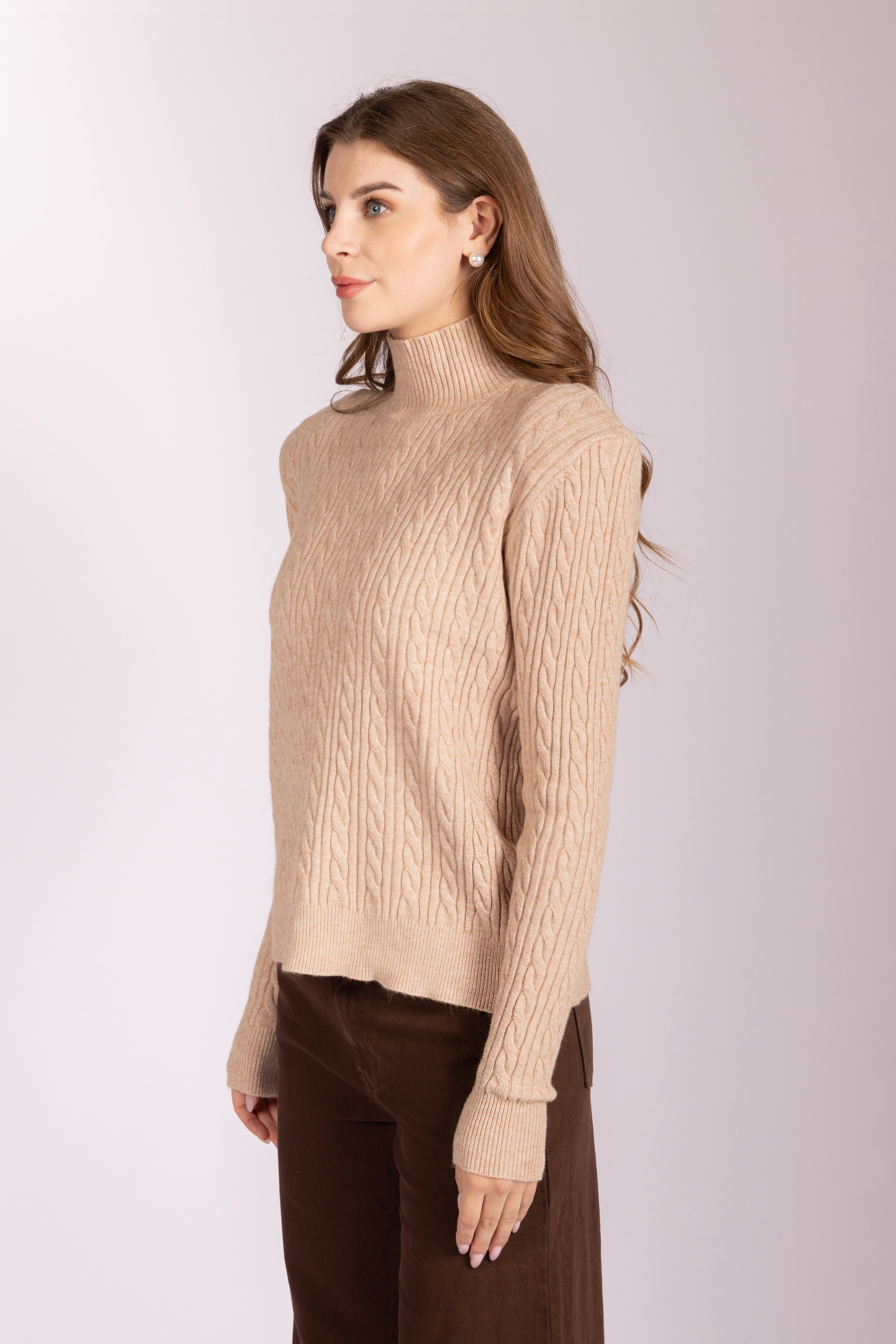 Cable-Knit Mock-Neck Sweater - Beige
