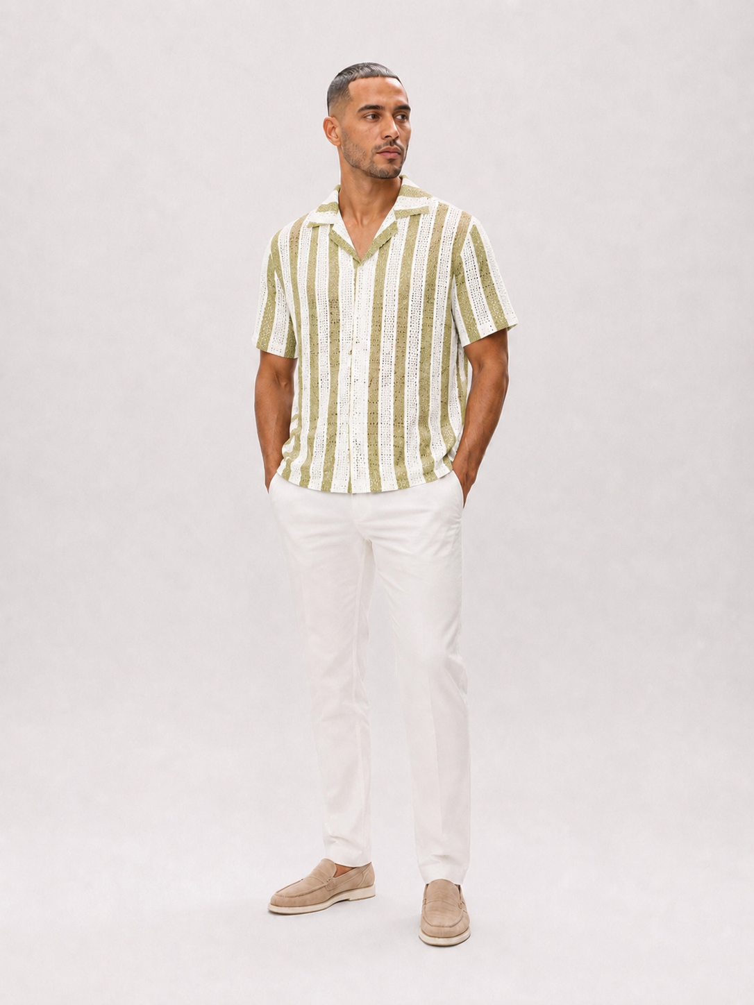 Naxos Striped Knitted Shirt - Olive Green