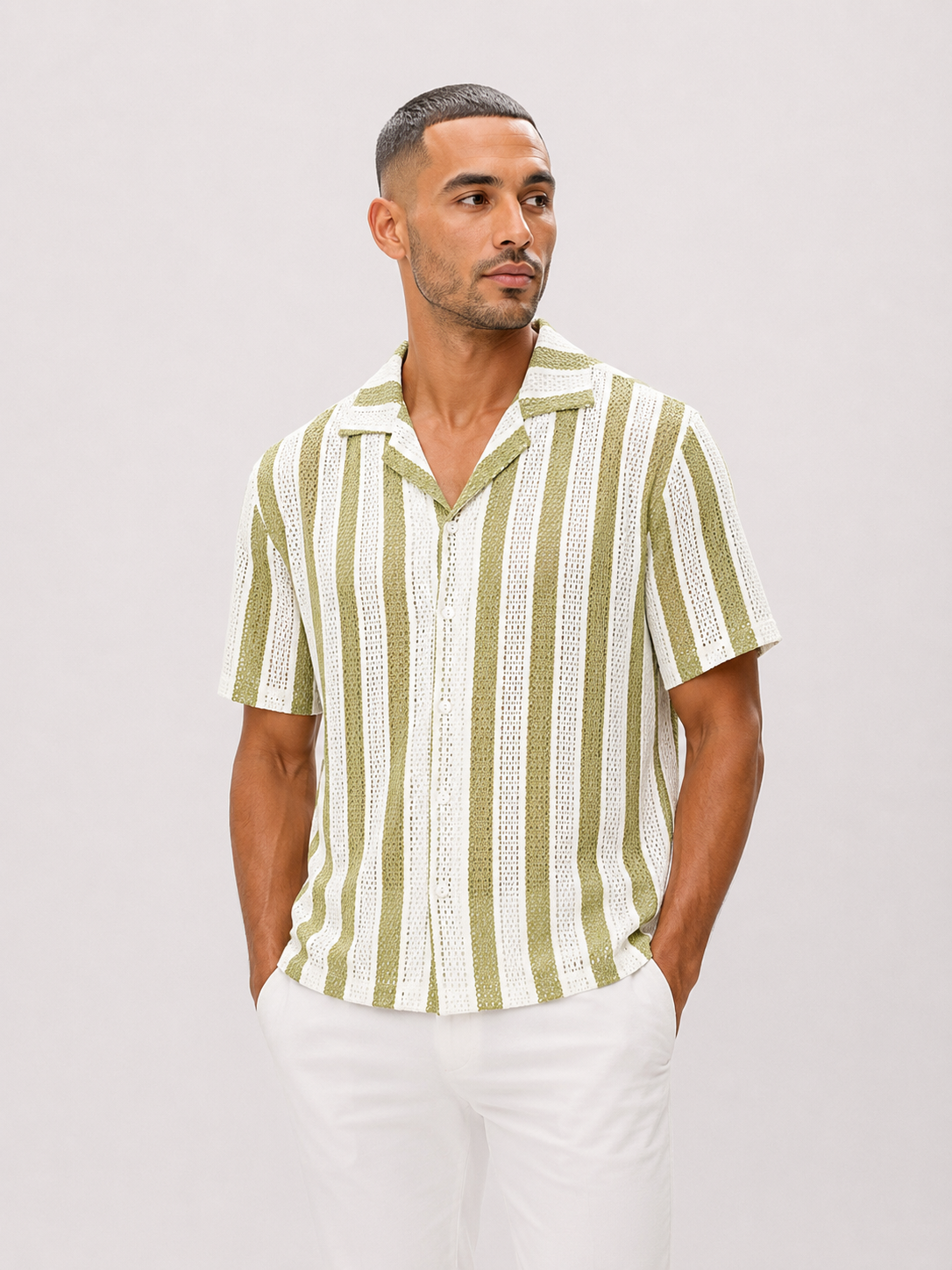 Naxos Striped Knitted Shirt - Olive Green